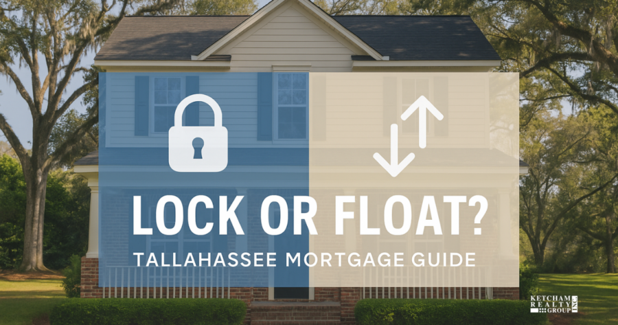 Tallahassee home with lock and arrow icons overlaid, illustrating mortgage rate decision to lock or float.