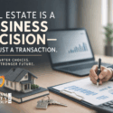 Real estate business decision concept showing financial charts, calculator, and house model in a professional office setting.