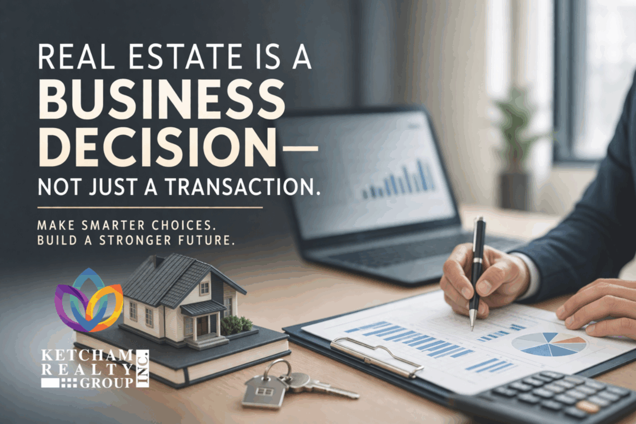 Real estate business decision concept showing financial charts, calculator, and house model in a professional office setting.