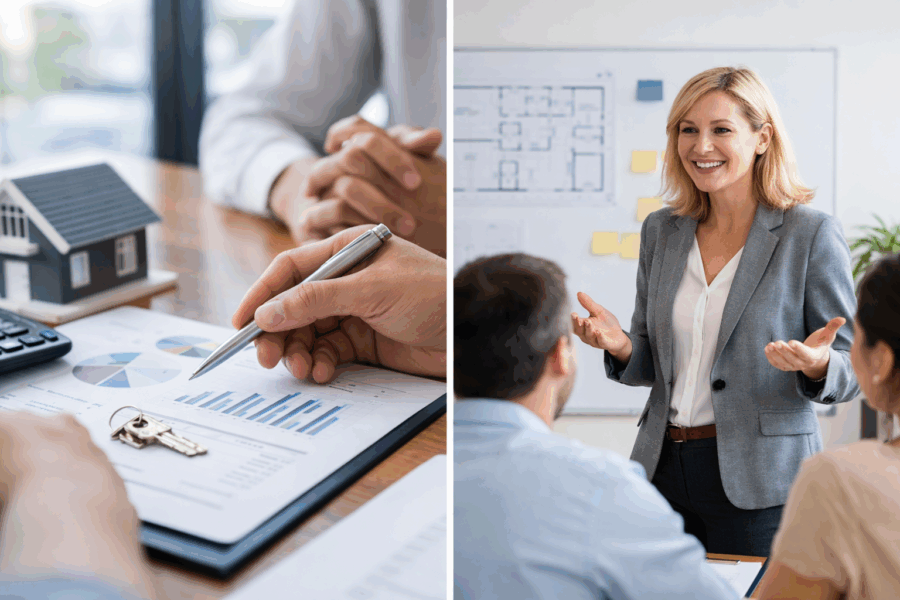 Professional consultation scene showing real estate financial analysis with charts, keys, and a model home alongside a business advisor presenting property plans to clients.
